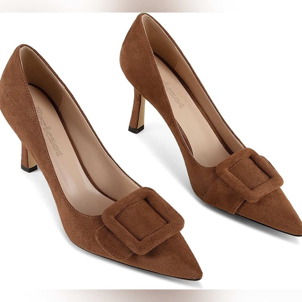 Women's Brown Suede Stiletto High Heel Pumps With Square Buckle, 8